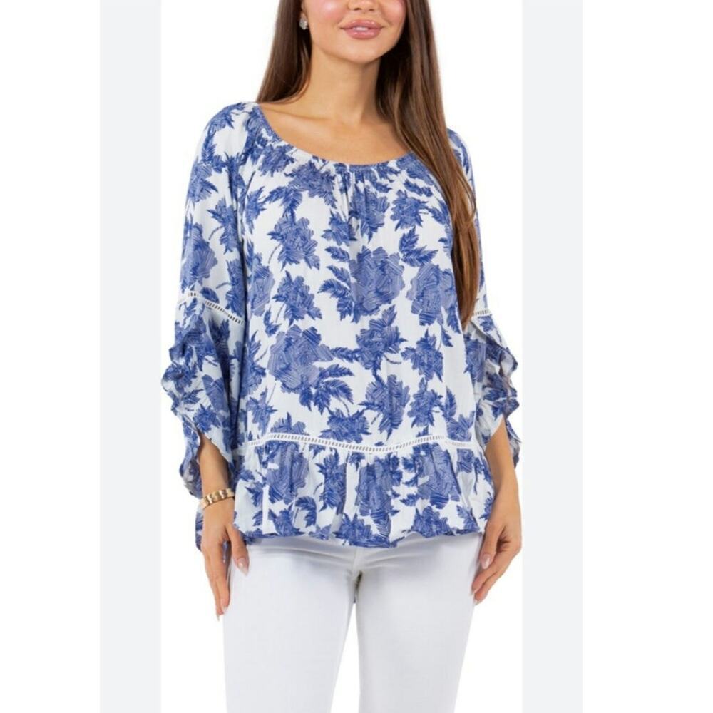 Fever sz XL white navy challis love child‎ top long sleeve boho summer blouse